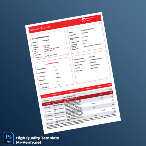 India Airtel Payment Bank Statement Template in Word and PDF formats 5 page