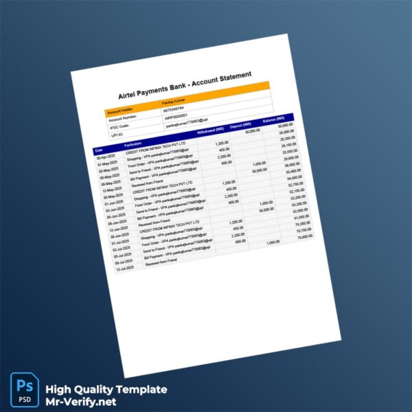 India Airtel Payments Bank Statement Template in Word and PDF formats