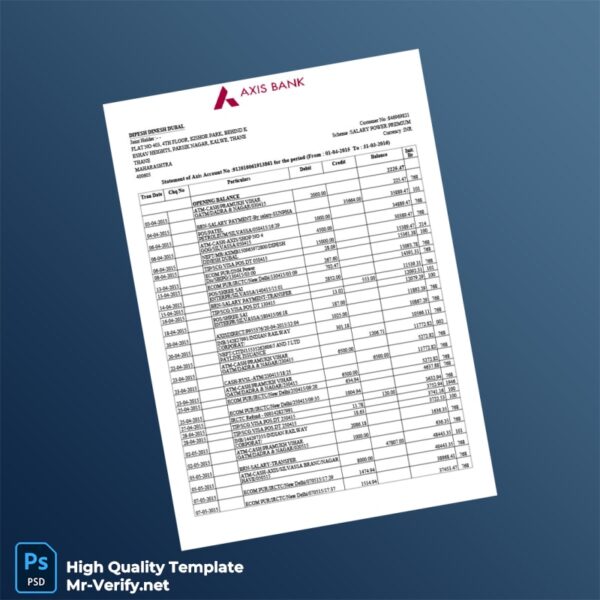 India Axis Bank Account Statement Template in Word and PDF formats 6 page