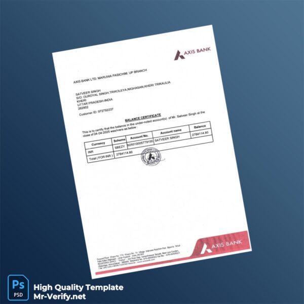 India Axis Bank Balance Certificate Template in Word and PDF formats 3 page