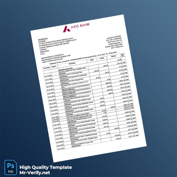 India Axis Bank Bank Statement Template in Word and PDF formats 8 page