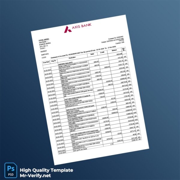 India Axis Bank Statement Template in Word and PDF formats 2 page