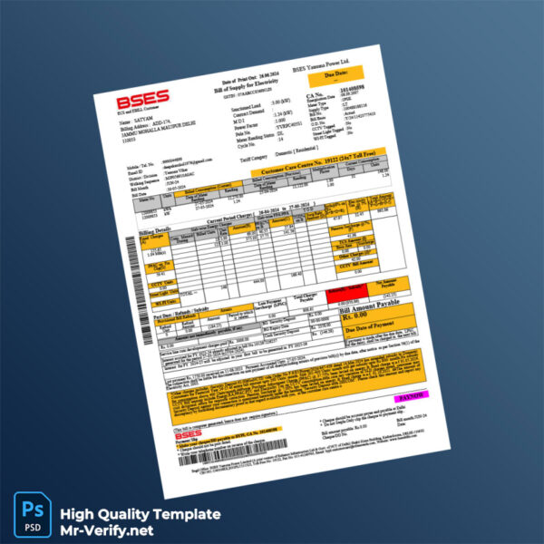 India BSES Yamuna Power Ltd Editable Utility Bill Template in Word and PDF formats 2 page