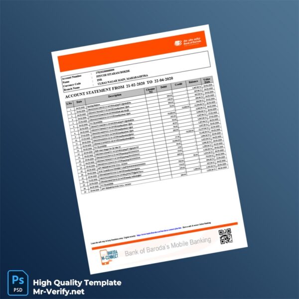 India Bank of Baroda Account Statement Template in Word and PDF formats 2 page