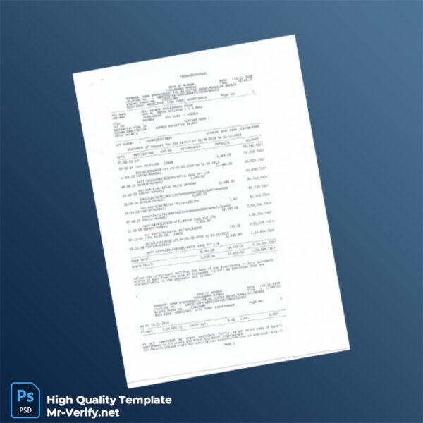 India Bank of Baroda Bank Statement Template in Word and PDF formats 2 page