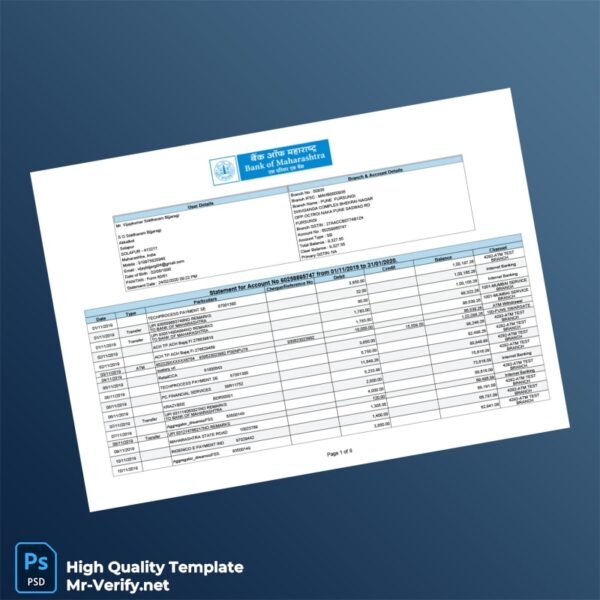 India Bank of Maharashtra Account Statement Template in Word and PDF formats 8 page