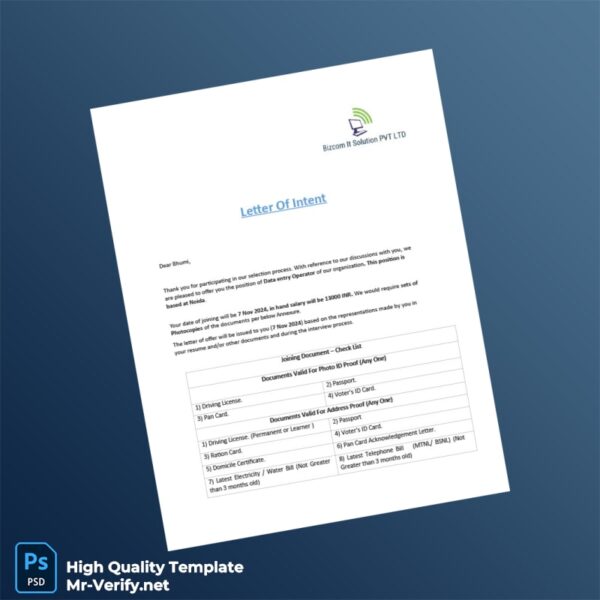 India Bizcom IT Solution PVT LTD Editable Identity Document Template in Word and PDF formats 2 page