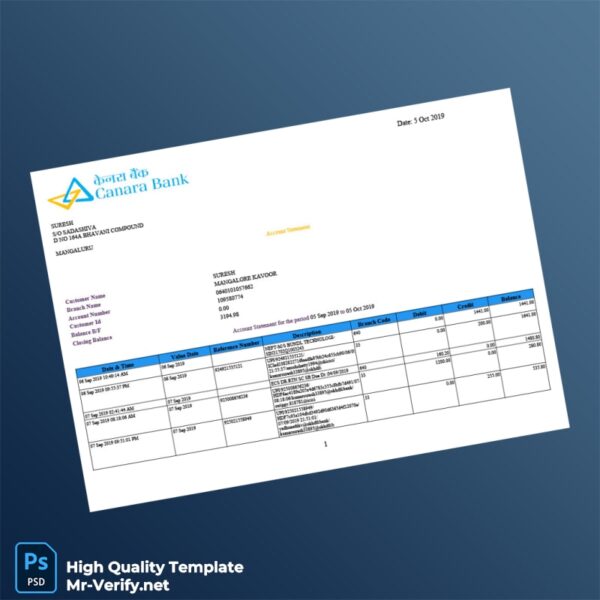 India Canara Bank Account Statement Template in Word and PDF formats 5 page