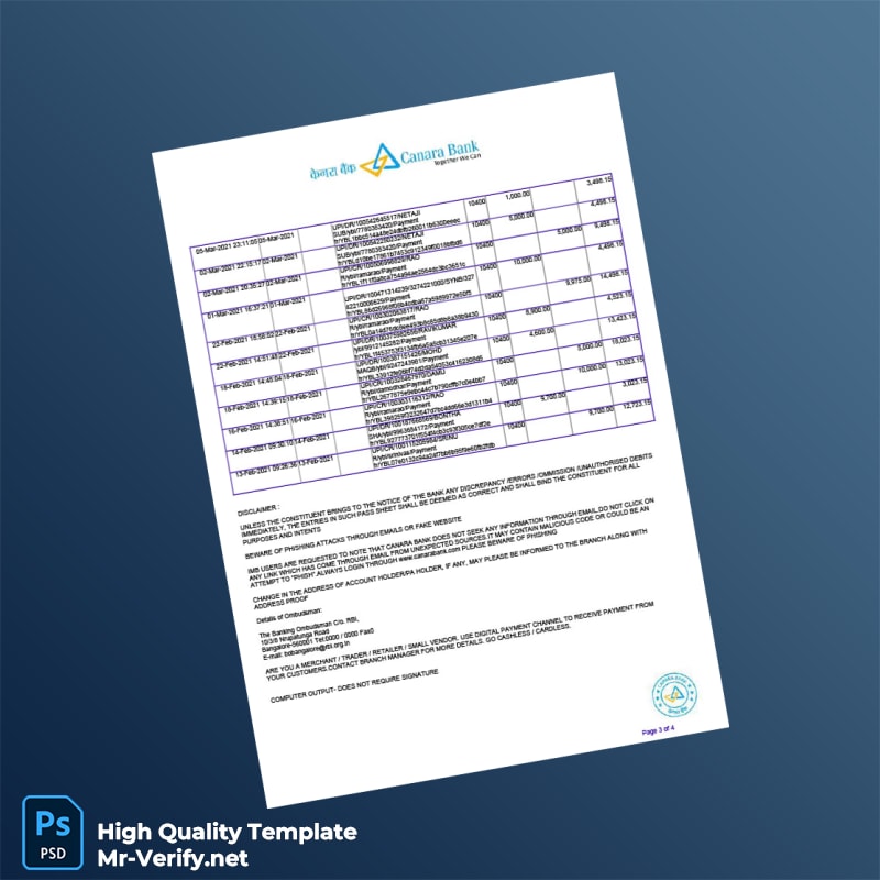 India Canara Bank Statement Template in Word and PDF formats 4 page India Canara Bank Statement Template in Word and PDF formats 4 page