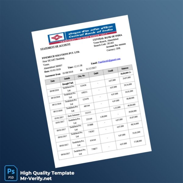 India Central Bank Statement Template in Word and PDF formats 2 page