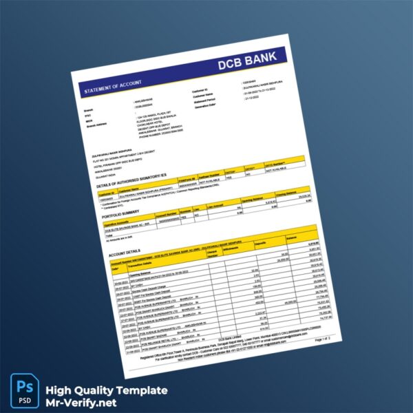 India DCB Bank Statement of Account Template in Word and PDF formats 2 page