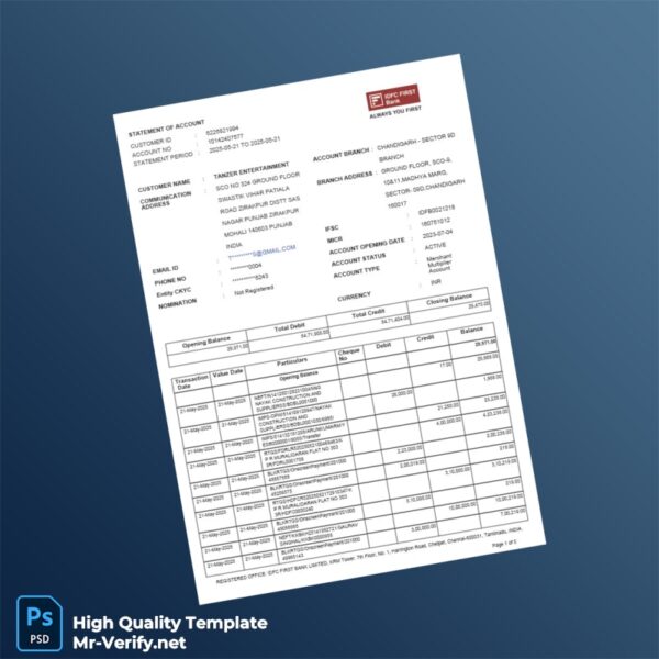 India DFC First Bank Statement Template in Word and PDF formats 5 page