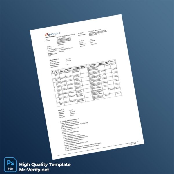 India Document Not Specified Bank Statement Template in Word and PDF formats 2 page