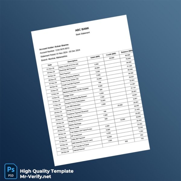 India Document Type_ Bank Statement Template in Word and PDF formats 2 page