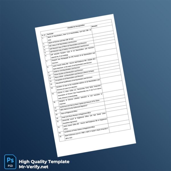 India Editable Checklist for Incorporation of PVT LTD Template in Word and PDF formats