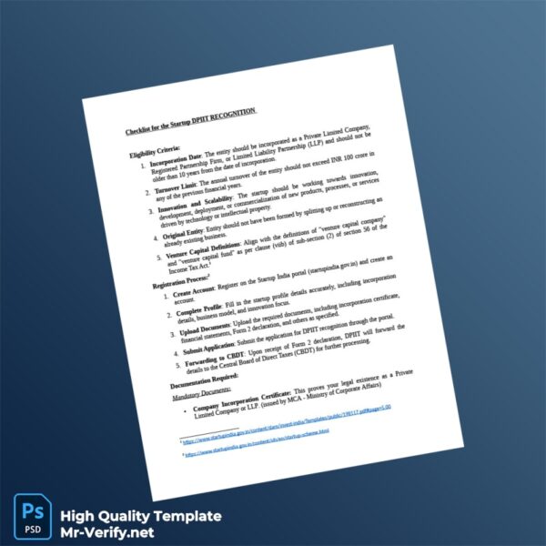 India Editable Checklist for the Startup DPIIT RECOGNITION Template in Word and PDF formats 3 page
