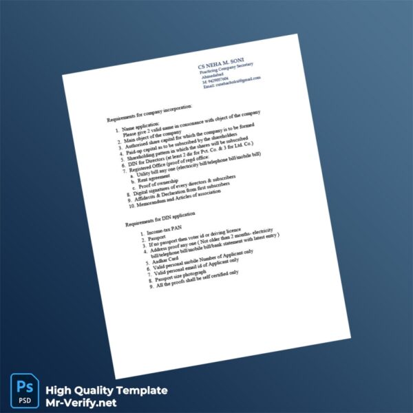 India Editable Company Incorporation Checklist Template in Word and PDF formats