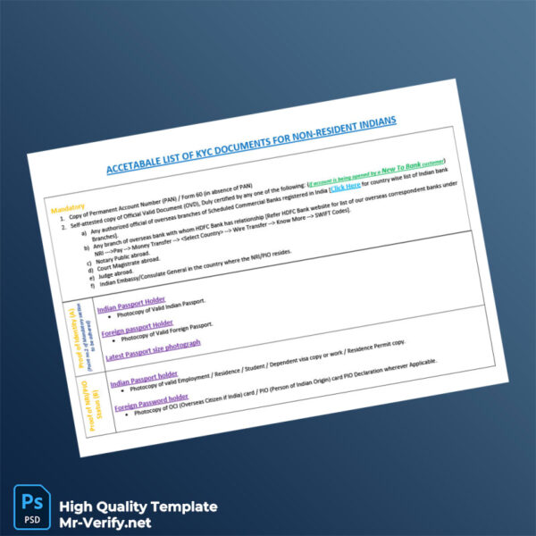 India Editable KYC Documents List for NRIs Template in Word and PDF formats 2 page
