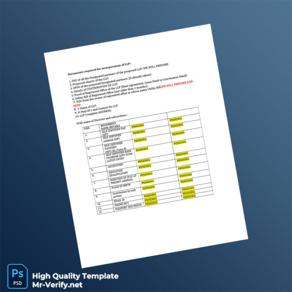 India Editable LLP Incorporation Document Checklist Template in Word and PDF formats