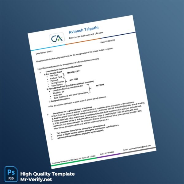 India Editable List of Documents needed for Incorporation of a Private Limited Company Template in Word and PDF formats