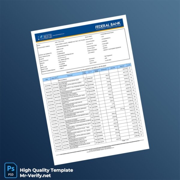 India Federal Bank Statement Template in Word and PDF formats 2 page