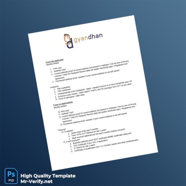 India GyanDhan Editable List of Documents Template in Word and PDF formats 2 page