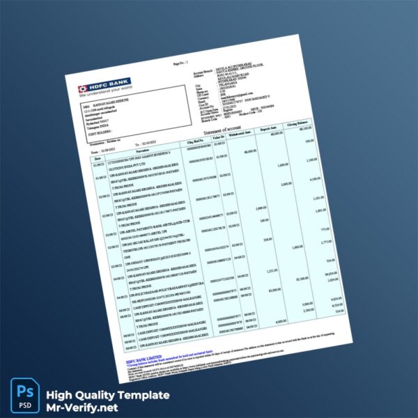 India HDFC Bank Account Statement Template in Word and PDF formats 6 page