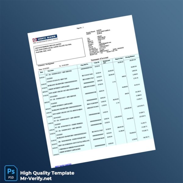 India HDFC Bank Statement Template in Word and PDF formats
