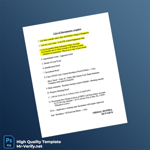 India HDFC Editable List of Docs Template in Word and PDF formats