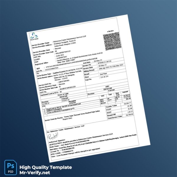 India Halwasiya Center Maintenance Services LLP Editable Electricity Bill Template in Word and PDF formats 2 page