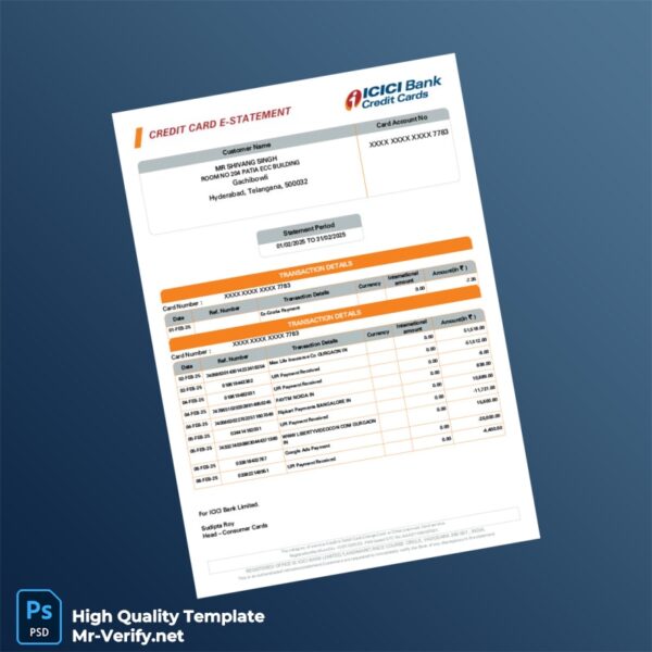India ICICI Bank Credit Card Statement Template in Word and PDF formats 2 page