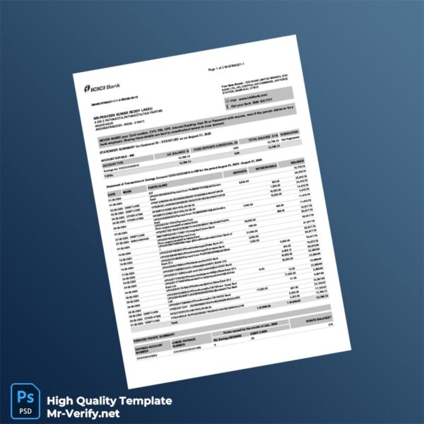 India ICICI Bank Statement Template in Word and PDF formats 2 page
