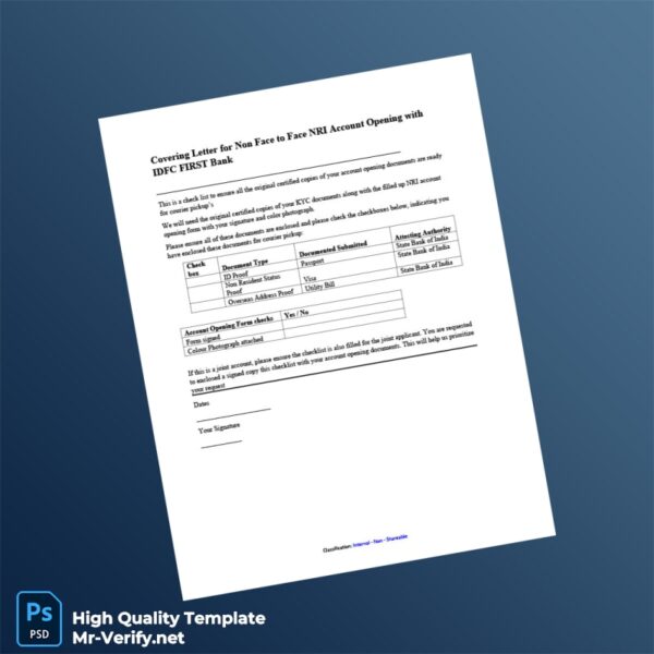 India IDFC FIRST Bank Editable Covering Letter for Non Face to Face NRI Account Opening Template in Word and PDF formats