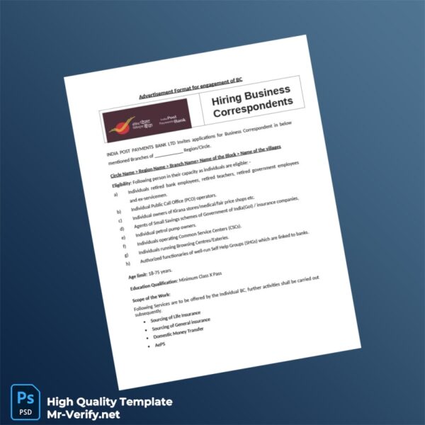India India Post Payments Bank Ltd Editable Advertisement Format Template in Word and PDF formats 2 page
