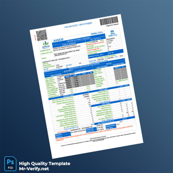 India JUSCO Editable Electricity Bill Template in Word and PDF formats