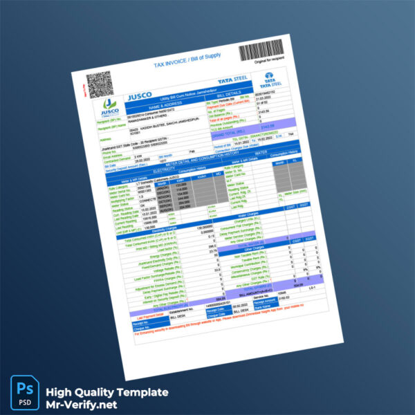 India JUSCO Editable Utility Bill Template in Word and PDF formats 2 page