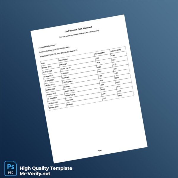 India Jio Payments Bank Statement Template in Word and PDF formats