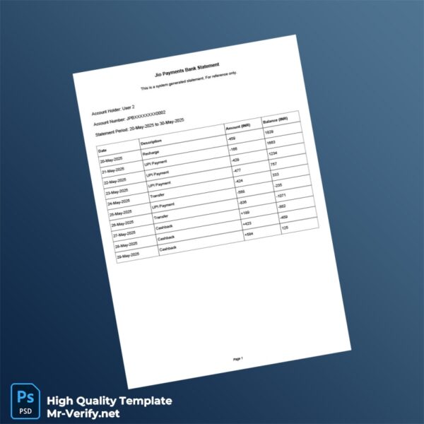 India JioBank Statement Template in Word and PDF formats