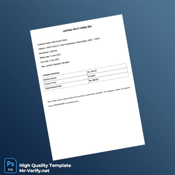 India JioFiber Editable Internet Bill Template in Word and PDF formats