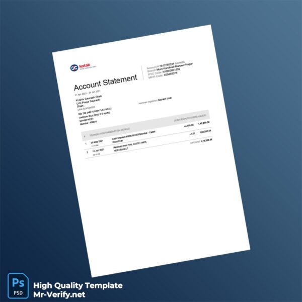 India KKBK Bank Statement Template in Word and PDF formats 2 page