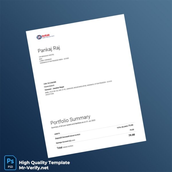 India Kotak Bank Statement Template in Word and PDF formats 2 page