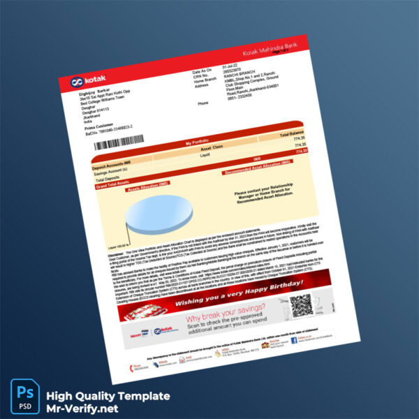 India Kotak Mahindra Bank Bank Statement Template in Word and PDF formats 2 page