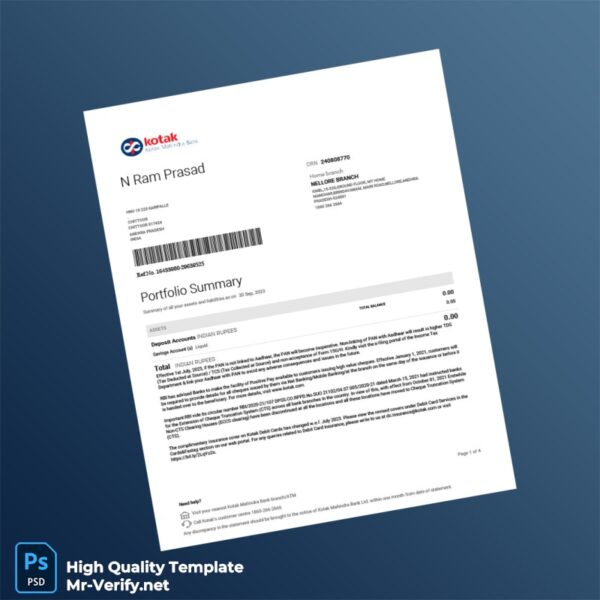 India Kotak Mahindra Bank Statement Template in Word and PDF formats 4 page