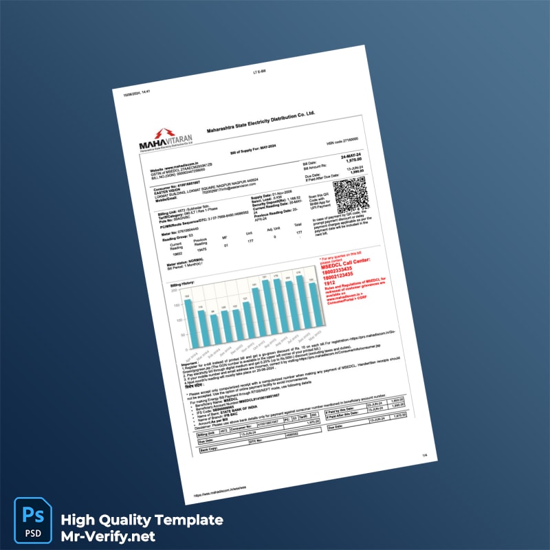 India Maharashtra State Electricity Distribution Co Ltd Editable Electricity Bill Template in Word and PDF formats 4 page India Maharashtra State Electricity Distribution Co Ltd Editable Electricity Bill Template in Word and PDF formats 4 page