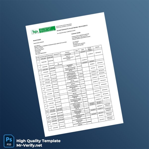India Oriental Bank of Commerce Account Statement Template in Word and PDF formats 2 page
