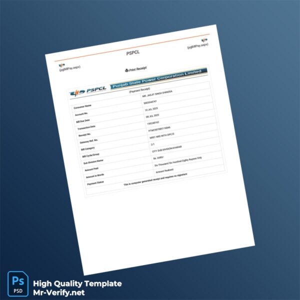 India Punjab State Power Corporation Limited Editable Payment Receipt Template in Word and PDF formats