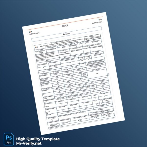 India Punjab State Power Corporation Limited Editable Utility Bill and Payment Receipt Template in Word and PDF formats 2 page