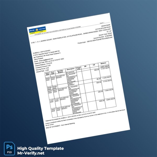 India SBCHQ-GEN-PUB-METRO_URBAN-INR Bank Statement Template in Word and PDF formats