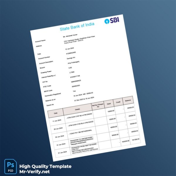India SBI Account Statement Template in Word and PDF formats 6 page