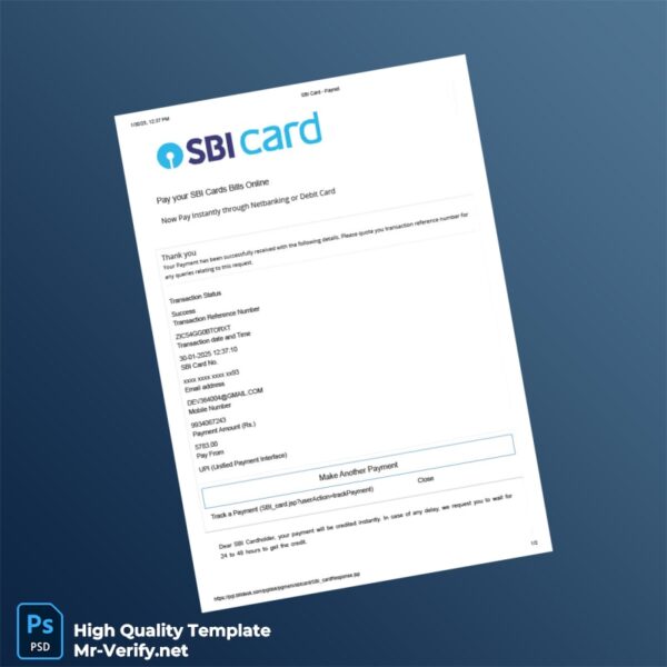 India SBI Card Editable Payment Confirmation Template in Word and PDF formats 2 page